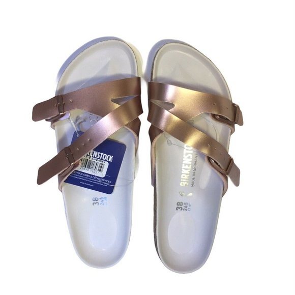 Birkenstock Shoes - Birkenstock Yao Balance Women's Leather Sandals, Metallic Copper